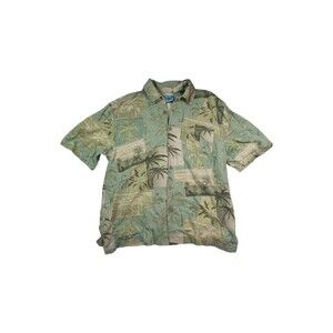Seven Palm Sz M Green 100% Silk Tropical Palms Print Vacation Button Up Shirt